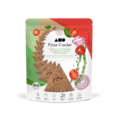 AHO Pizza Cracker aus Bio Urdinkel-Sprossen | Rohkostcracker aus gekeimtem Urgetreide aus deutschem Bio-Anbau | Superfood Sprossencracker | 100% Bio, Vegan, Raw | Plastikfrei verpackt (100g) von AHO