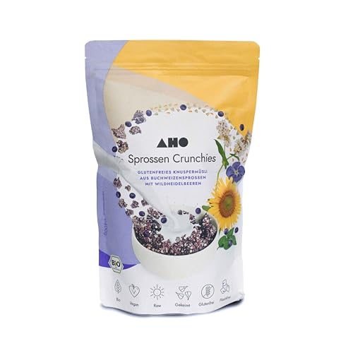 AHO Sprossen Crunchies, Glutenfreies Bio Knuspermüsli aus gekeimtem Buchweizen, Datteln, gekeimte Sonnenblumenkerne, Leinsamen, Wildheidelbeeren und Zimt, Schonend bei nur 42°C gedörrt (400g) von AHO