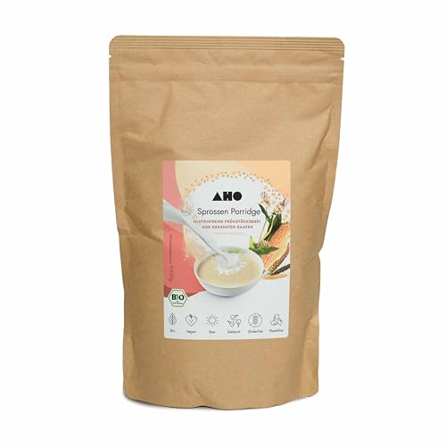 AHO Sprossen Porridge 650g | Gekeimter und glutenfreier Bio-Frühstücksbrei mit gekeimter Hirse, gekeimten Leinsamen, gekeimtem Buchweizen, gekeimtem Mais und gekeimtem Quinoa | Plastikfrei verpackt von AHO