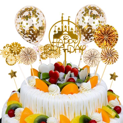 Tortendeko Kuchendeko Gold Geburtstag Kuchen Deko Geburtstag Torten Topper Papierfächer DekoMädchen Jungen Happy Birthday Cake Topper von AHPYEUHK