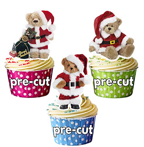 12 süße Weihnachten Teddybären in Santa Hüte Essbare Cup Cake Topper-Dekorationen von AK Giftshop
