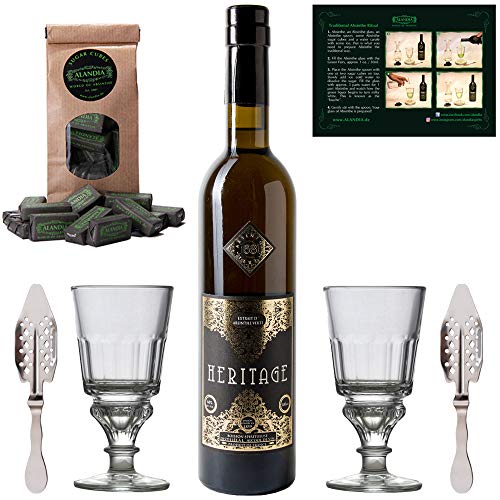 Absinth Set Heritage Verte | Mit Silbermedaille prämiert | Mit Weinalkohol destilliert | 2x Absinth Gläser, Löffel und Zuckerwürfel | 68% (1x 0,5 l) von ALANDIA