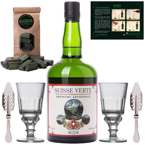 Absinth Set Suisse Verte | 1x Schweizer Absinth | 2x Absinth Gläser | 2x Absinth Löffel | 1x Zuckerwürfel von ALANDIA