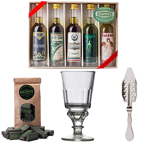 Absinth Starter Set von ALANDIA | Komplett mit 5x original Absinth | 1x Absinth Glas | 1x Absinth Löffel | 1x Zuckerwürfel | Auch super als Geschenk 0,25 l von ALANDIA