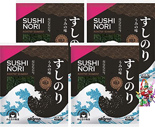 [ 4x 25g (10 Blatt) ] SUSHI Nori Gerösteter Nori-Seetang ganzes Blatt / ROASTED NORI SEEWEED / Gold Label + ein kleiner Glücksanhänger gratis von ALLGROO