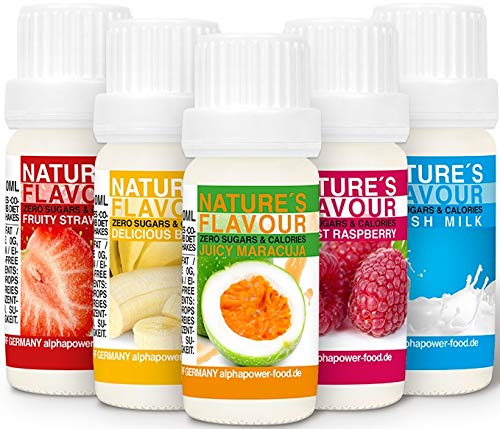 Flavour Drops Set, Flavdrops Zuckerfrei, natürliches Lebensmittelaroma, ERDBEERE, BANANE, MARACUJA, WALDHIMBEERE, MILCH von ALPHAPOWER FOOD