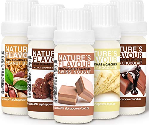 Flavour Drops Set, Flavdrops Zuckerfrei, natürliches Lebensmittelaroma, ERDNUSSBUTTER + SCHOKO COOKIE + WEISSE SCHOKO + NOUGAT + SCHWEIZER SCHOKOLADE von ALPHAPOWER FOOD