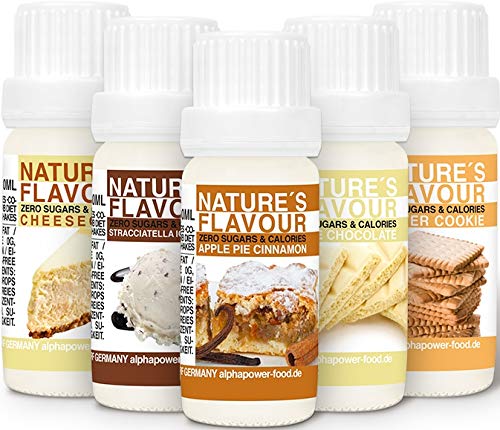 Flavour Drops Set, Flavdrops Zuckerfrei, natürliches Lebensmittelaroma, KÄSEKUCHEN + APFELKUCHEN ZIMT + WEISSE SCHOKO + TOFFEE CARAMEL + BUTTERKEKS von ALPHAPOWER FOOD