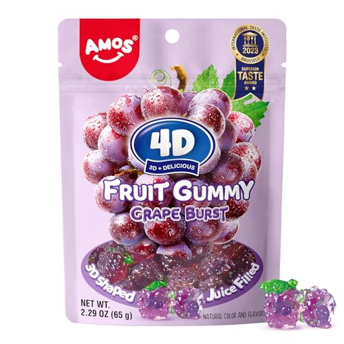 AMOS 4D Fruit Gummy Grape Burst Fruity Snacks, Grape Jelly Filled Gummies for Cupcake Decoration, Gluten Free Fat Free Candy, 2.29Oz Per Bag (Pack of 3) von AMOS