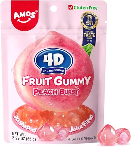 Amos 4D Gummy Peach Burst – 4D Pfirsich-Gummibonbons mit Füllung, Natürlicher Fruchtgeschmack, Halloween-Süßigkeit, 65 g Beutel (3er Pack) von AMOS