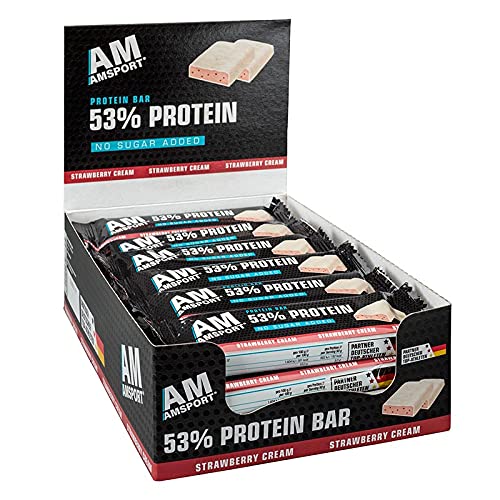 AMSPORT® High Protein Bar 50+ I Proteinriegel für Muskelaufbau Muskelerhalt Trainingspower I Eiweißriegel ohne Zuckerzusatz I Hohe Proteinquelle I 24 x 50g Riegel Strawberry Cream 174 kcal von AMSport