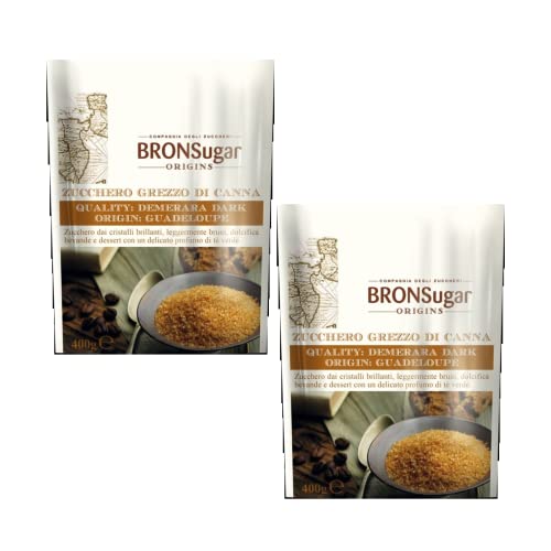 Bronsugar | Roher Rohrzucker Herkunft Guadeloupe Brillante Kristalle | Zarter brauner Zucker mit Grüntee-Geschmack – 2 Beutel (2 x 400 g) von ANTICO CAFFE' NOVECENTO