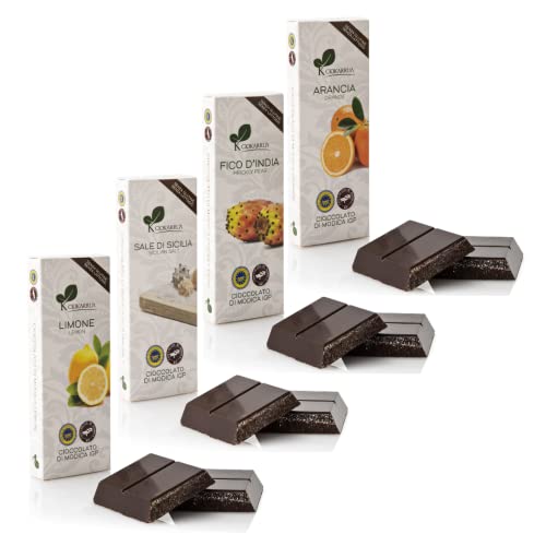 Ciokarrua | Modica Schokolade IGP Zitrone | Glutenfreie Modica-Salztablette | Modica Chocolate Fico Indien | Laktosefreie Orangentablette | Aroma Mix Schokolade 4 x 100 Gr von ANTICO CAFFE' NOVECENTO