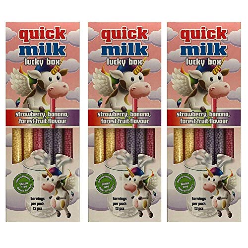 AONELAS Quick Milk Lucky Box Unicorn – Strawberry, Banana and Forest Fruit Flavoured Milk Straws for Instant Milkshake – 3 Pack – 39 Straws – Great for Kids Parties – Gluten Free – Natural Flavours von AONELAS