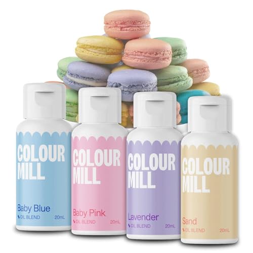 AOS Set | Colour Mill Lebensmittelfarben Set Pastel 4er-Set 4x 20ml | Baby Blue, Baby Pink, Lavender, Sand | Für Fondant, Torten, Muffins, Cupcakes, Backen | Fettlöslich Ölbasiert Flüssig UV-beständig von AOS