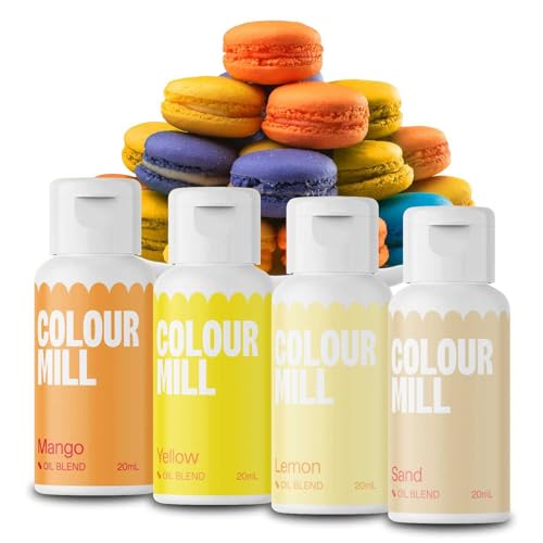 AOS Set | Colour Mill Lebensmittelfarben Set Yellow 4er-Set 4x 20ml | Mango, Yellow, Lemon, Sand | Für Fondant, Torten, Muffins, Cupcakes, Backen | Fettlöslich Ölbasiert Flüssig UV-beständig von AOS