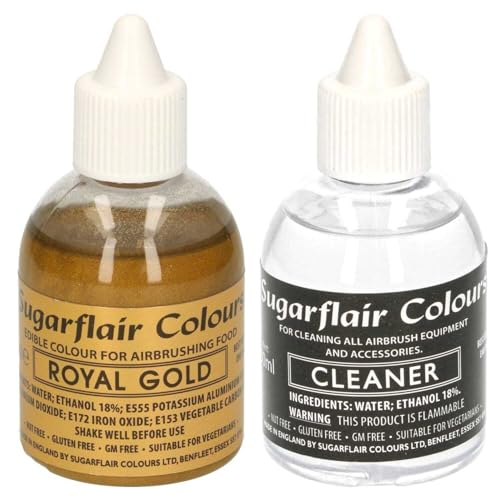 AOS Set | Sugarflair Set Airbrush Lebensmittelfarbe Royal Gold 60ml + Reiniger 60ml | Essbare Lebensmittel Farbe Flüssig, Airbrush-Farbe für Kuchen, Cupcakes, Zuckerguss und Kuchendekorationen von AOS