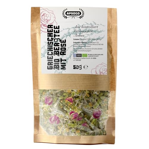 Griechischer Bio Bergtee mit Rosenblüten | APSOGO | Premium Qualität & ausgezeichneter Geschmack - Sideritis Scardica Bergtee aus Griechenland Griechenland (50gr (1er Pack)) von APSOGO