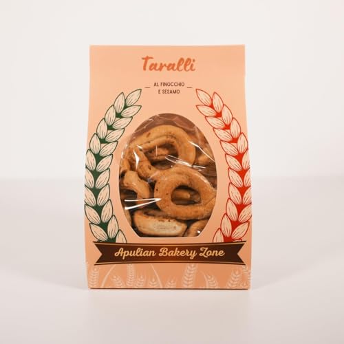 Handgemachte Taralli aus Apulien mit Getreide, Zwiebeln, Fenchel und Sesam, ideal als schneller und schmackhafter Snack oder für Aperitifs in der Bar. (500 g (Packung mit 1), Fenchel und Sesam) von APULIAN BAKERY ZONE