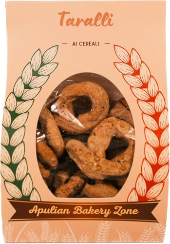 Handgemachte Taralli aus Apulien mit Getreide, Zwiebeln, Fenchel und Sesam, ideal als schneller und schmackhafter Snack oder für Aperitifs in der Bar. (500 g (Packung mit 2), Getreide) von APULIAN BAKERY ZONE