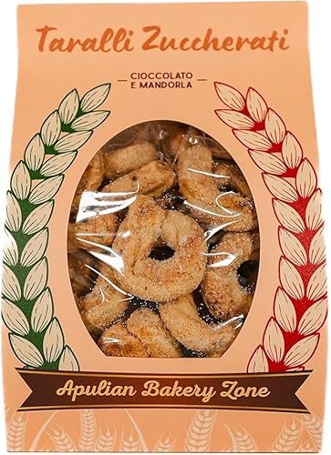 Handwerklich hergestellte Taralli aus Apulien, mit Schokolade und Mandeln, gewickelt in Weiß- und Rotwein. Ideal als Snack für den Aperitif. (500 gr (Packung mit 1), SCHOKOLADE UND MANDELN) von APULIAN BAKERY ZONE