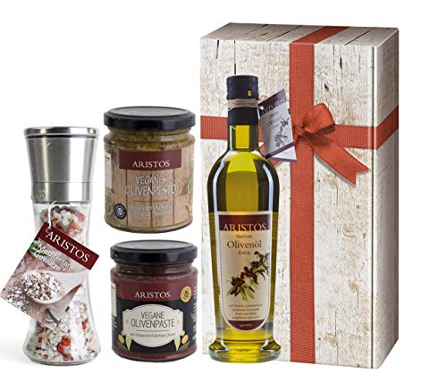 4 tlg Griechisches Olivenöl Geschenk-Set Weihnachten | Öl, Meersalz, Tapenade (Olivenpaste), Olivenpesto | in Geschenkkarton mit Holzoptik und Schlaufe | by ARISTOS (Öl-Salz-Pesto-Paste) von ARISTOS