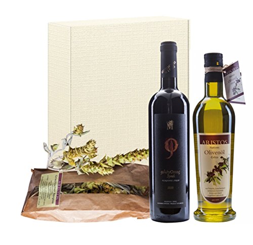 ARISTOS 3 tlg Geschenk-Set mit extra nativem Olivenöl 500ml, griechischer Rotwein Cabernet Sauvignon 750ml & griechischer Bergtee Ostern Muttertag von ARISTOS