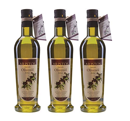 ARISTOS kaltgepresstes Extra Natives Olivenöl ( Vergine ) – 3x 500 ml feinstes original griechisches Koroneiki-Olivenöl naturtrüb aus ökologischem eigenem Anbau aus Messina von ARISTOS