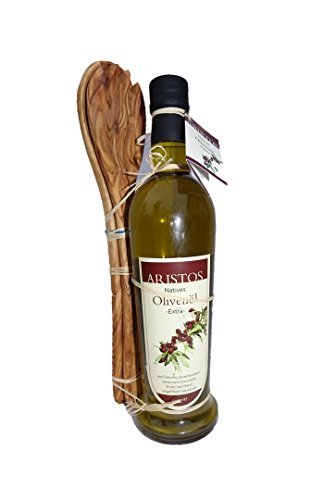 ARISTOS Set Kaltgepresstes Olivenöl | Salatbesteck Olivenholz| extra natives Olivenoel mit Holzbesteck | Geschenk von ARISTOS