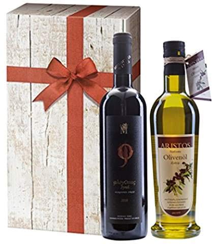Griechisches ARISTOS Geschenk-Set mit Premium Rotwein Syrah trocken 2018 und Olivenöl extra nativ aus Griechenland verpackt im Geschenkkarton (Rotwein + Olivenöl) von ARISTOS