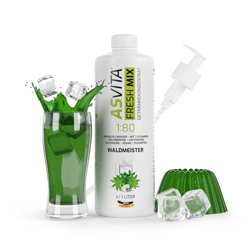 AsVita Getränkekonzentrat Fresh Mix 1:80-1L Flasche inkl. Dosierpumpe - Getränke Sirup zuckerfrei - 26 leckere Geschmacksrichtungen (Waldmeister) von ASVita