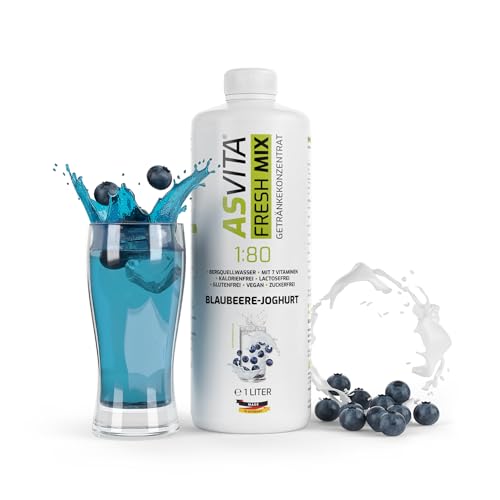 AsVita Sirup ohne Zucker | AsVita Fresh Mix 1:80-1 Liter Flasche - Getränkesirup zuckerfrei - 26 leckere Geschmacksrichtungen (Blaubeere-Joghurt) von ASVita