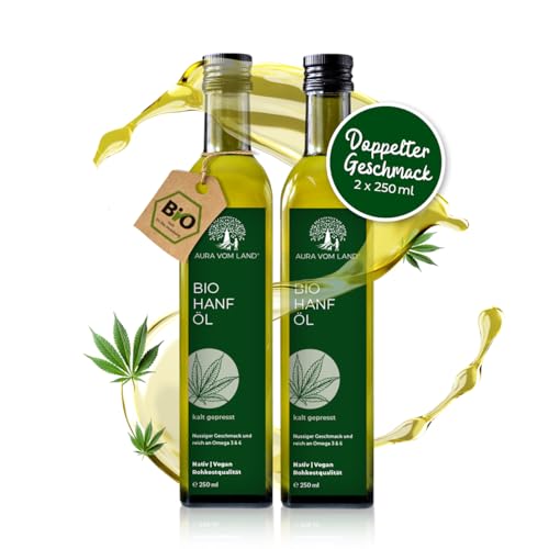 Aura vom Land Bio Premium Hanföl 2x250ml Set Kaltgepresst – Hanfsamenöl Vegan & Reich an Omega 3-6-9-Fettsäuren – Hochwertiges Speiseöl auch Haaröl/Körperöl – Bio Oil Hemp Oil Made in Germany von AURA VOM LAND