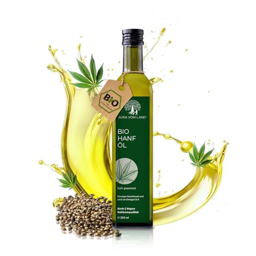 Aura vom Land Bio Premium Hanföl 100ml Kaltgepresst – Hanfsamenöl Vegan & Reich an Omega 3-6-9-Fettsäuren – Hochwertiges Speiseöl auch Haaröl/Körperöl – Bio Oil Hemp Oil Made in Germany von AURA VOM LAND