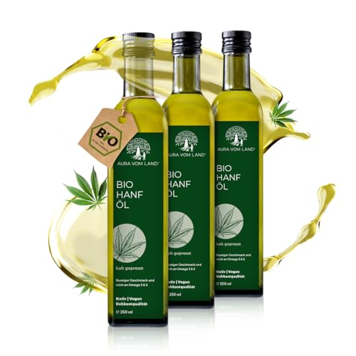 Aura vom Land Bio Premium Hanföl Kaltgepresst – Hanfsamenöl Vegan & Reich an Omega 3-6-9-Fettsäuren – Hochwertiges Speiseöl auch Haaröl/Körperöl – Bio Oil Hemp Oil Made in Germany (3x250ml) von AURA VOM LAND