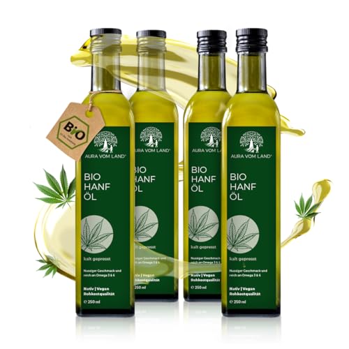 Aura vom Land Bio Premium Hanföl Kaltgepresst – Hanfsamenöl Vegan & Reich an Omega 3-6-9-Fettsäuren – Hochwertiges Speiseöl auch Haaröl/Körperöl – Bio Oil Hemp Oil Made in Germany (4x250ml) von AURA VOM LAND