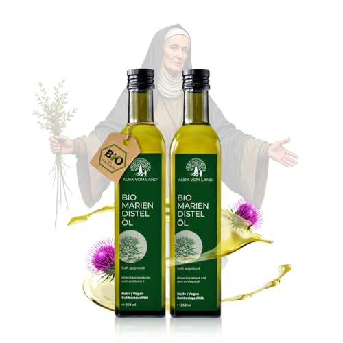 Aura vom Land Bio Premium Mariendistelöl kaltgepresst – Nach Hildegard von Bingen - Natürliches Distelöl & Reich an Vitamin E & Silymarin aus Mariendistel – Hergestellt in Bayern (2x250ml) von AURA VOM LAND