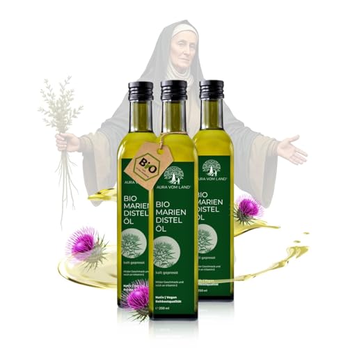 Aura vom Land Bio Premium Mariendistelöl kaltgepresst – Nach Hildegard von Bingen - Natürliches Distelöl & Reich an Vitamin E & Silymarin aus Mariendistel – Hergestellt in Bayern (3x250ml) von AURA VOM LAND