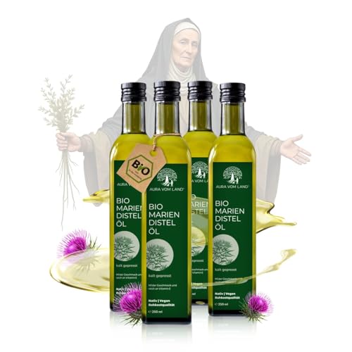 Aura vom Land Bio Premium Mariendistelöl kaltgepresst – Nach Hildegard von Bingen - Natürliches Distelöl & Reich an Vitamin E & Silymarin aus Mariendistel – Hergestellt in Bayern (4x250ml) von AURA VOM LAND