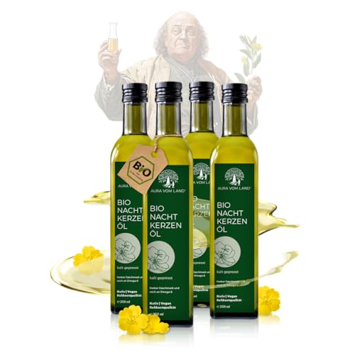 Aura vom Land Bio Premium Nachtkerzenöl Kaltgepresst 4x250ml Set - Natürliches Evening Primrose Oil Vegan - Reich an Gamma-Linolensäure & Vitamin E aus Nachtkerze hochdosiert – Hergestellt in Bayern von AURA VOM LAND