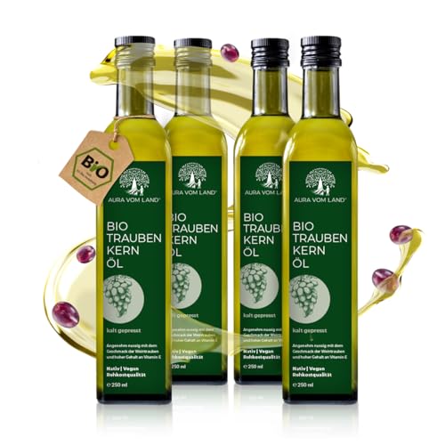 Aura vom Land Bio Premium Traubenkernöl Kaltgepresst 4x250ml Set – Vegan & Reich an Omega 6, Vitamin E – Hochwertiges Speiseöl auch als Haaröl/Körperöl – Bio Oil Grapeseed Oil Made in Germany von AURA VOM LAND