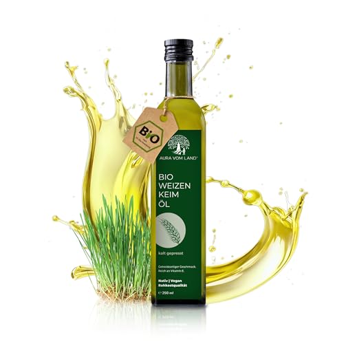 Aura vom Land Bio Premium Weizenkeimöl Naturbelassen – Vegan & Reich an Spermidin, Omega 3, Vitamin E – Hochwertiges Speiseöl auch ideal als Haaröl/Körperöl – Bio Oil Made in Germany (250ml) von AURA VOM LAND