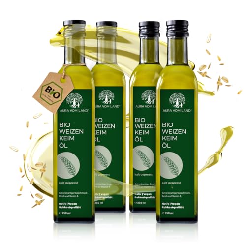 Aura vom Land Bio Premium Weizenkeimöl Naturbelassen 4x250ml Set – Vegan & Reich an Spermidin, Omega 3, Vitamin E – Hochwertiges Speiseöl auch ideal als Haaröl/Körperöl – Bio Oil Made in Germany von AURA VOM LAND