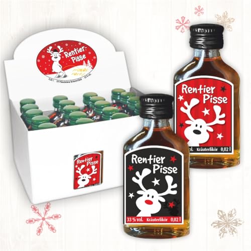 20er Box Kräuterlikör Display - Rentierpisse - zu Weihnachten | 20 St kleine Schnäpse Spirituosen 2 cl 33% vol. alk. | Geschenke für Männer | Scherzartikel für Erwachsene von AV Andrea Verlag