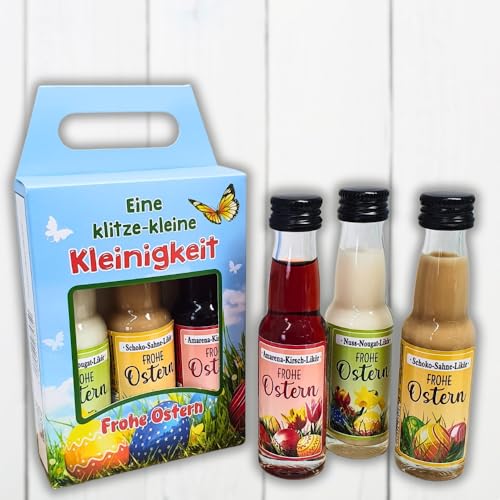 3er Box Osterliköre - Eine klitzekleine Kleinigkeit zu Ostern - Nuss Nougat Amarena Kirsch Schoko Sahne Likör | Geschenk zu Ostern | Ostergeschenk in schöner Geschenkverpackung von AV Andrea Verlag