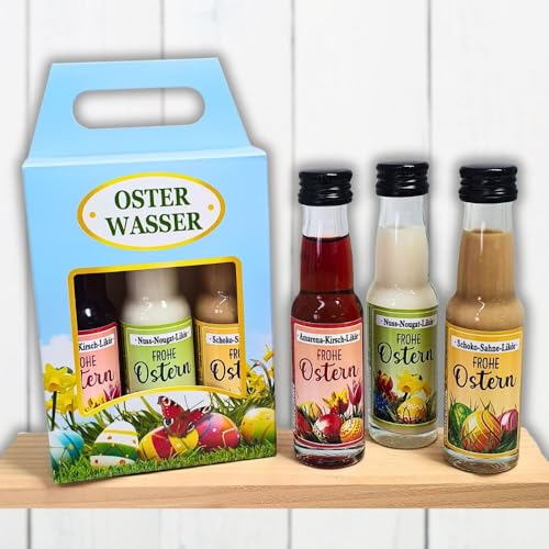 3er Box Osterliköre - Osterwasser, Frohe Ostern - Nuss Nougat Amarena Kirsch Schoko Sahne Likör | Geschenk Kleinigkeit zu Ostern | Ostergeschenk in schöner Geschenkverpackung von AV Andrea Verlag