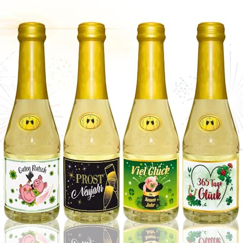 4x Piccolo 0,2l Geschenk zu Silvester Sekt 2025 Silvestergeschenk zum Jahreswechsel: happy new year | Viel Glück | Guten Rutsch | Prost Neujahr, Sekt Secco Beerenperlwein halbtrocken 8% vol. von AV Andrea Verlag