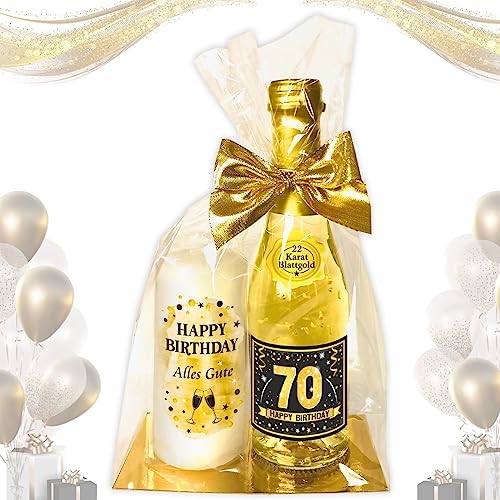 AV Andrea Verlag Hochwertiges Geschenkset - Piccolo 22 Karat Blattgold „70 Happy Birthday“ mit Geburtstagskerze - Secco Sekt mit Stumpenkerze Kerze | Geschenk zum 70. Geburtstag Pfeif auf's Alter von AV Andrea Verlag