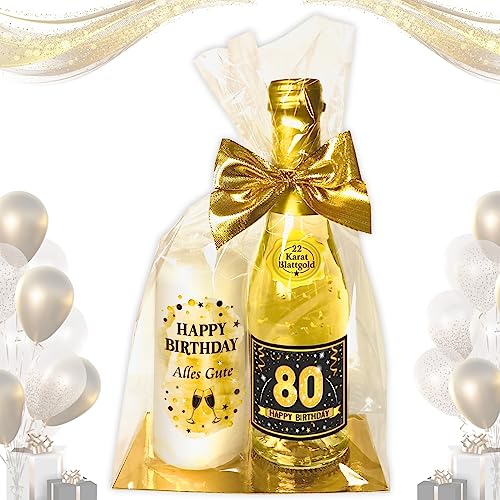 AV Andrea Verlag Hochwertiges Geschenkset - Piccolo 22 Karat Blattgold „80 Happy Birthday“ mit Geburtstagskerze - Secco Sekt mit Stumpenkerze Kerze | Geschenk zum 80. Geburtstag Pfeif auf's Alter von AV Andrea Verlag