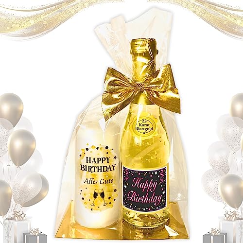 AV Andrea Verlag Hochwertiges Geschenkset - Piccolo 22 Karat Blattgold „Happy Birthday“ PINK mit Geburtstagskerze - Secco Sekt mit Stumpenkerze Kerze | Geschenk zum Geburtstag Pfeif auf's Alter von AV Andrea Verlag